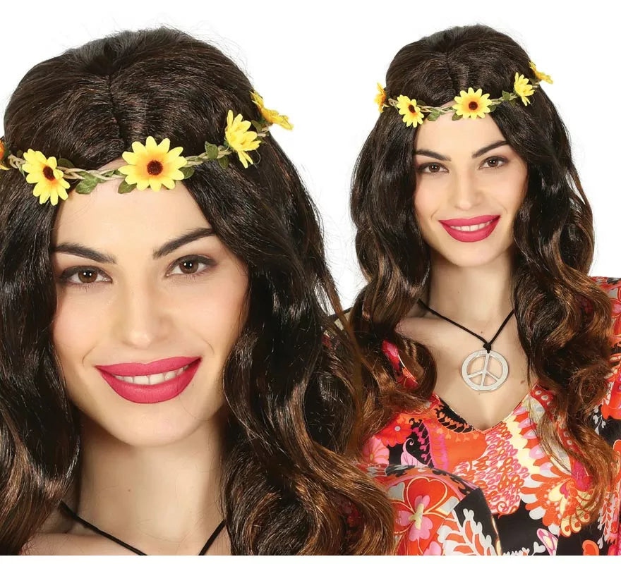Peluca de Hippie Negra con Flores