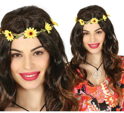 Peluca de Hippie Negra con Flores