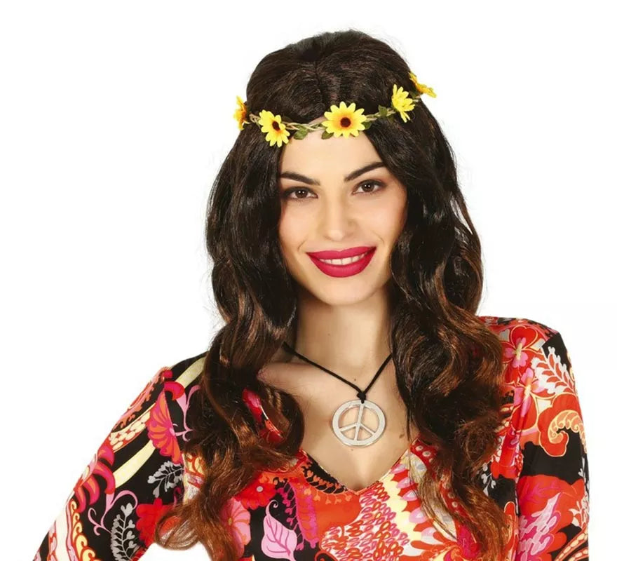 Peluca de Hippie Negra con Flores