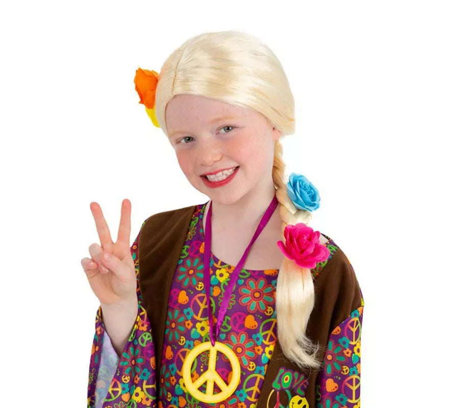 Peluca de Hippie trenza floreada rubia infantil