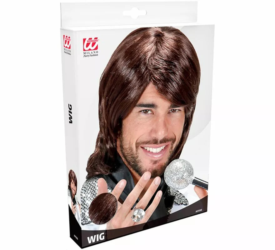 Peluca de Pop Star Años 70 marrón