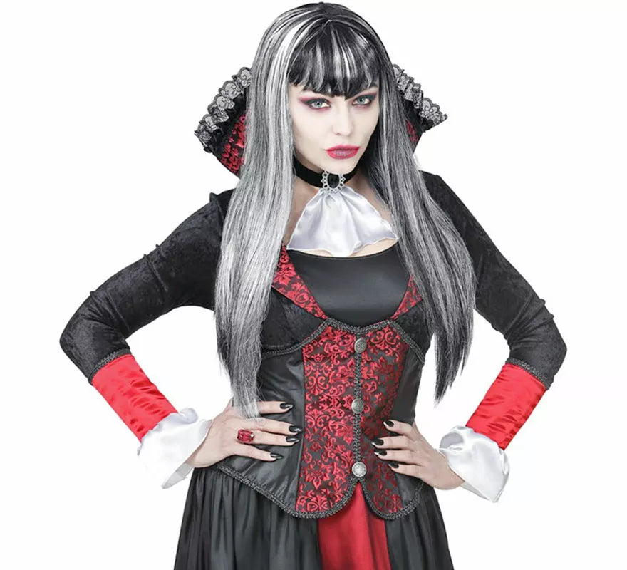 Peluca de Vampiresa blanca y negra con Flequillo