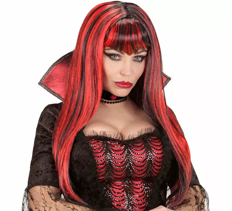 Peluca de Vampiresa roja y negra con Flequillo