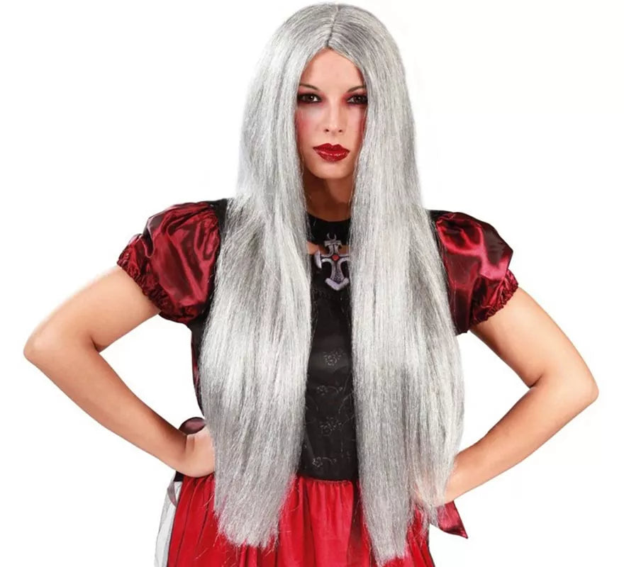 Peluca larga de Bruja o Brujo gris para Halloween