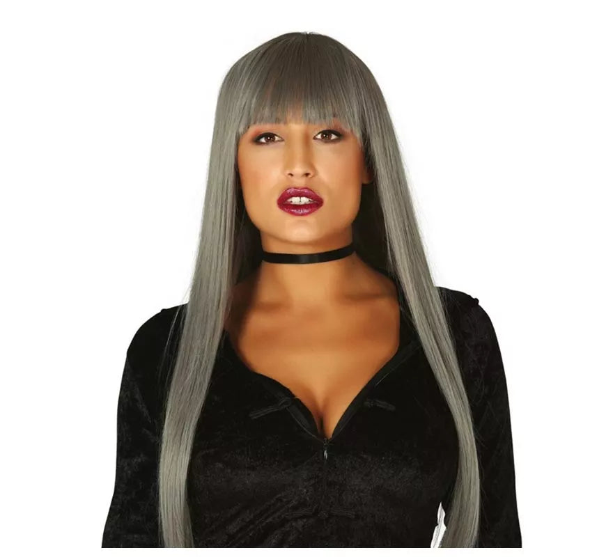 Peluca Larga Gris con Flequillo