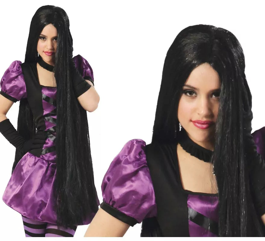 Peluca larga negra extra para Halloween y Carnaval