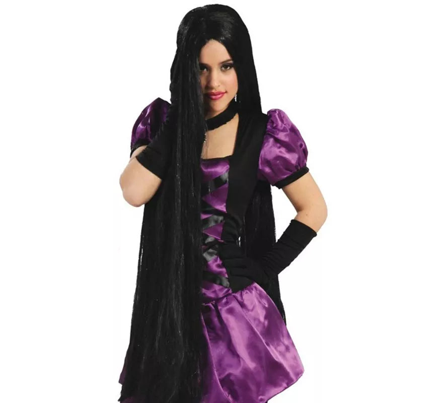 Peluca larga negra extra para Halloween y Carnaval