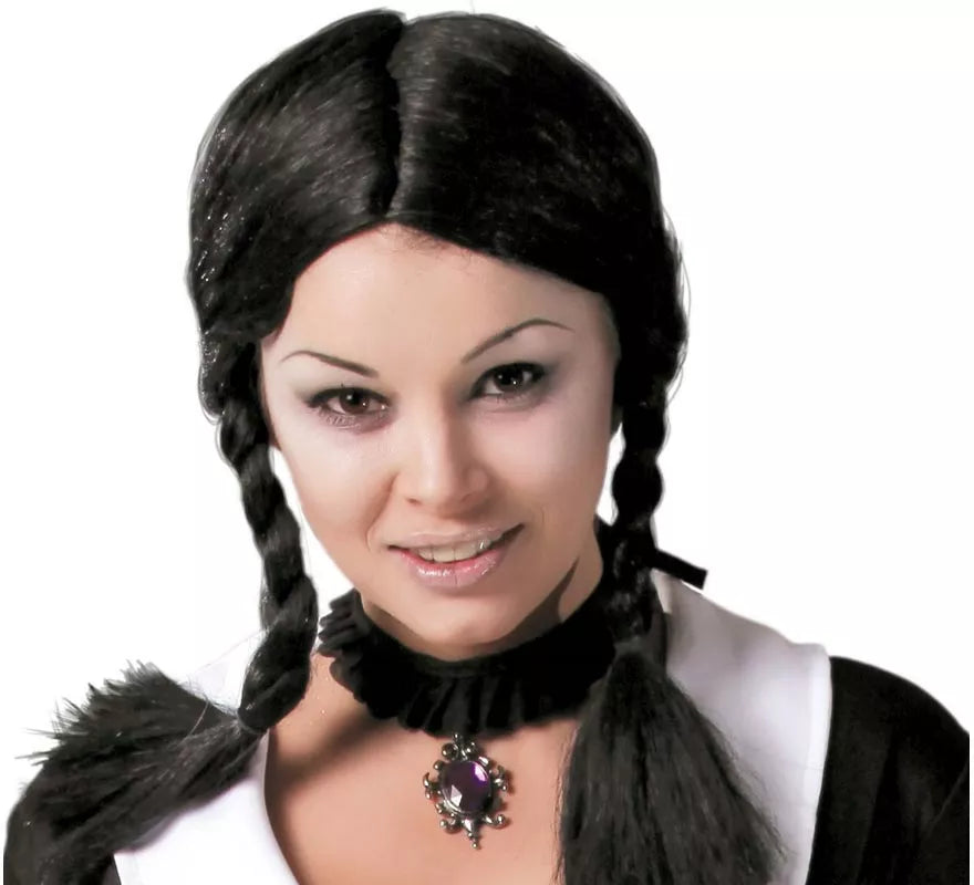 Peluca negra con dos trenzas