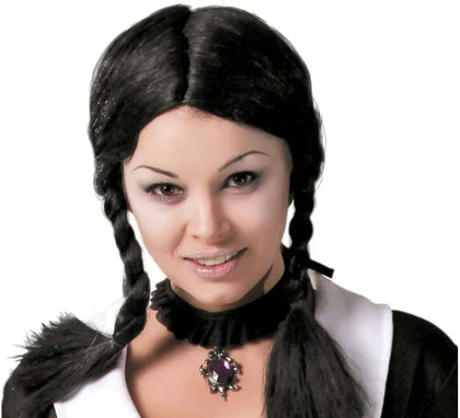 Peluca negra con dos trenzas