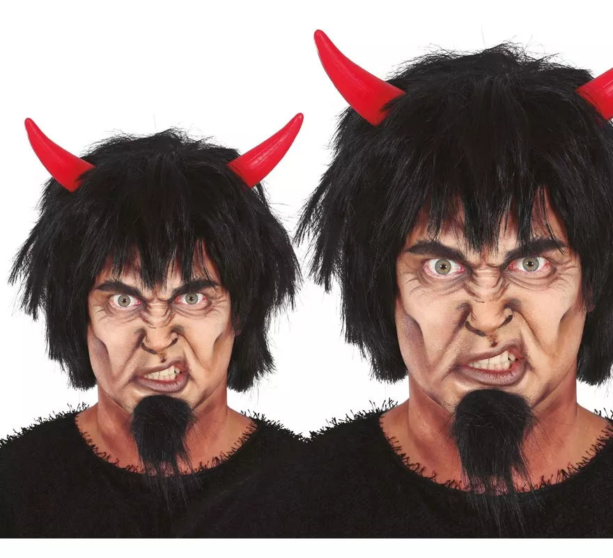 Peluca negra de Diablo con Cuernos rojos
