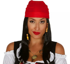 Peruca preta comprida e cachecol de pirata