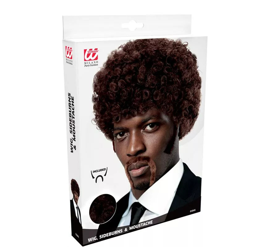 Peluca Pulp Fiction Afro con bigotes y patillas