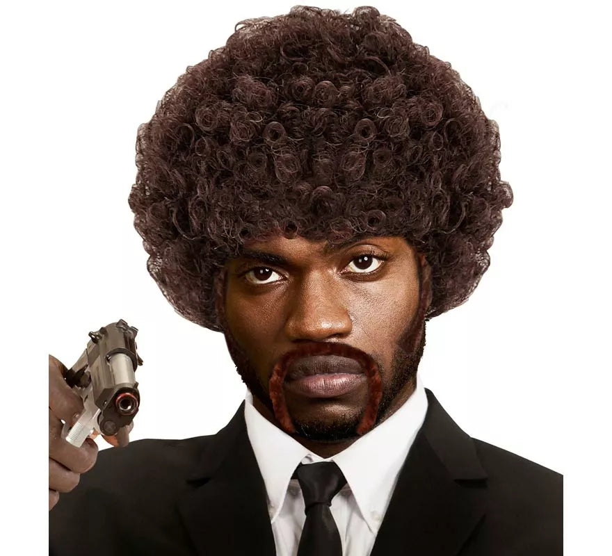 Peluca Pulp Fiction Afro con bigotes y patillas