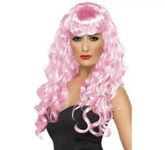 Curly pink wig with bangs