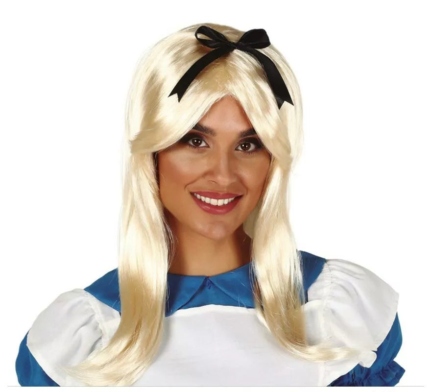 Peluca Rubia con Lazo Negro