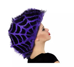 Purple and black spider web wig with crest for Halloween
