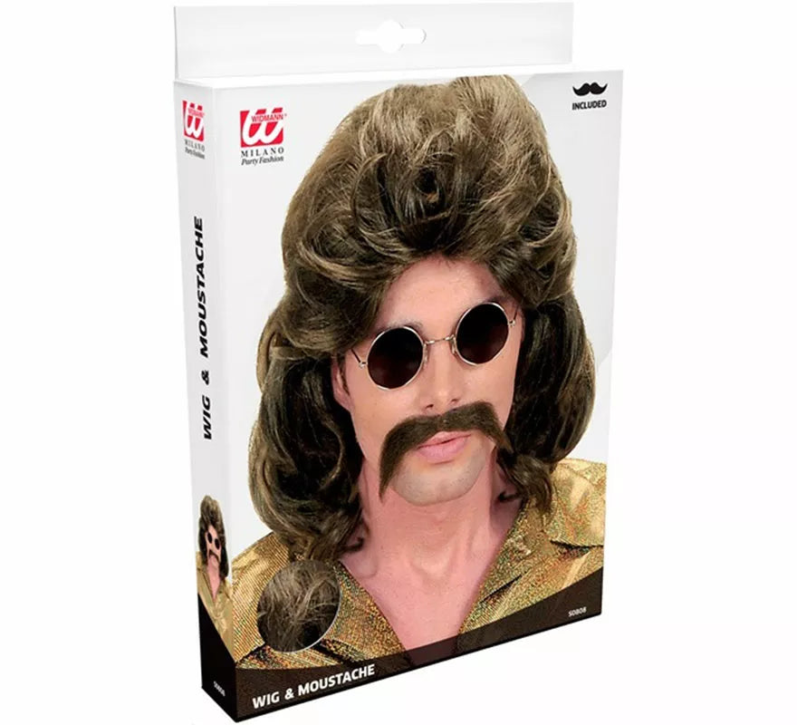 Peluca y Bigote Años 70 castaño
