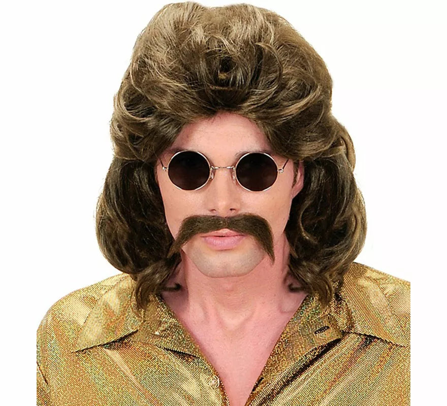 Peluca y Bigote Años 70 castaño