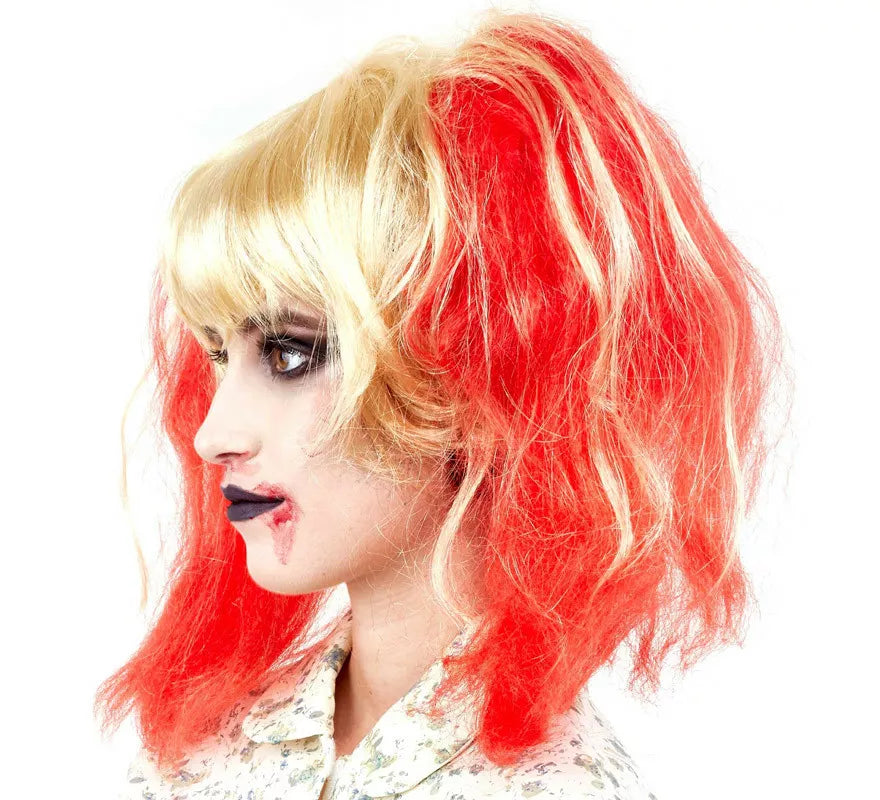 Peluca Zombie Rubia con Coletas Rojas