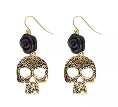Golden Skull Earrings with Black Rose