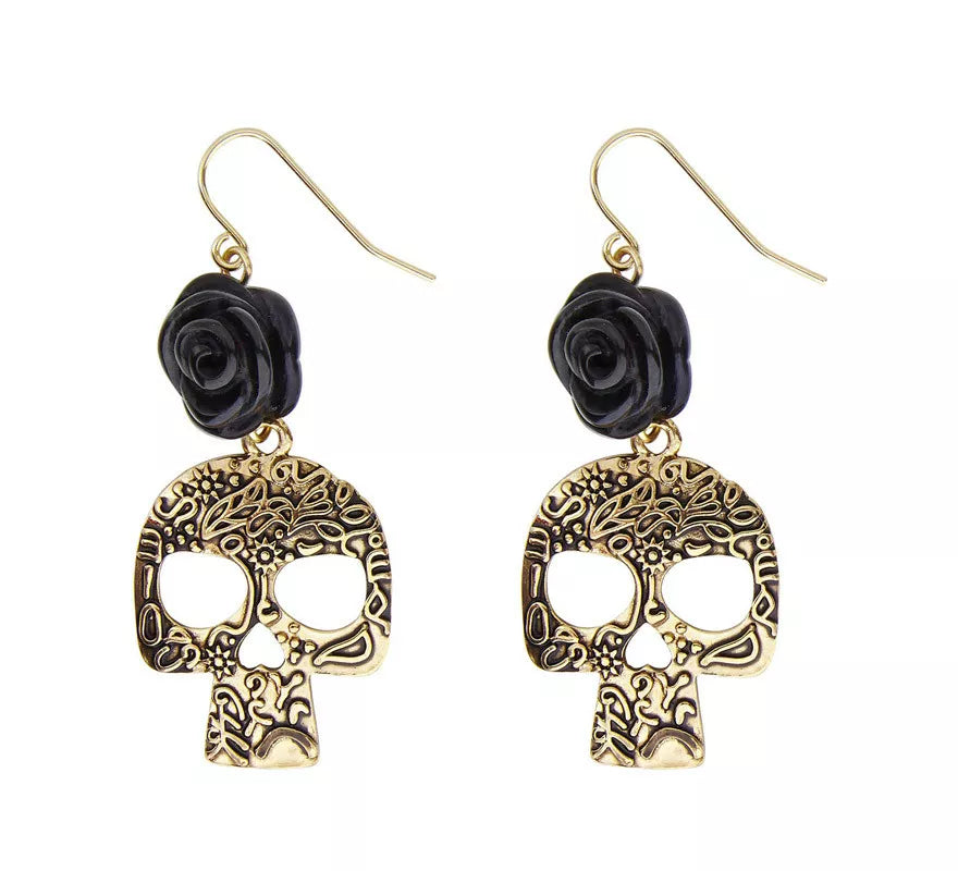 Translation missing: en.Pendientes de Calavera Dorada con Rosa Negra