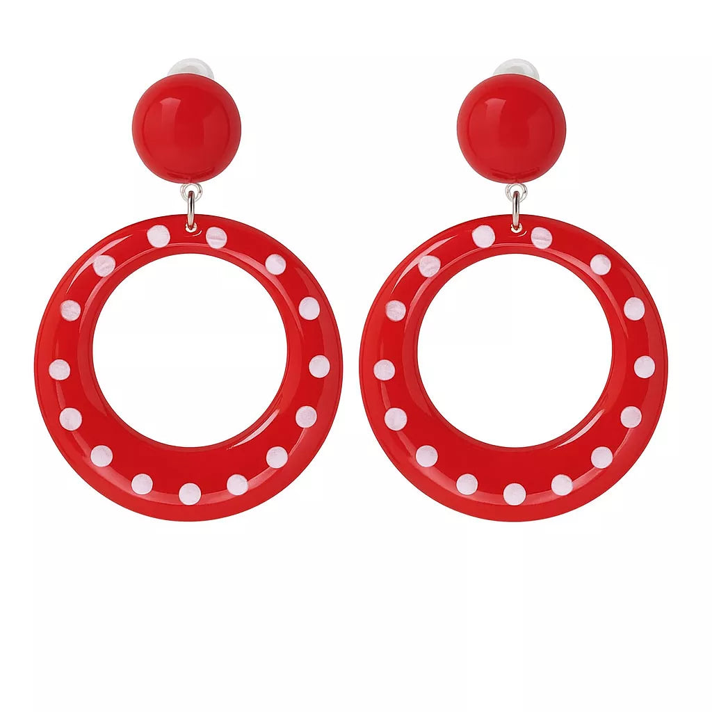 Translation missing: en.Pendientes de Sevillana pequeños rojos con topos blancos de 6 cm