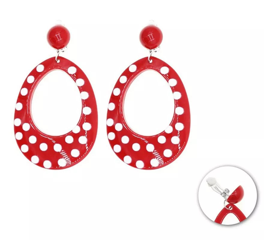 Pendientes Oval rojo mediano con topos blancos