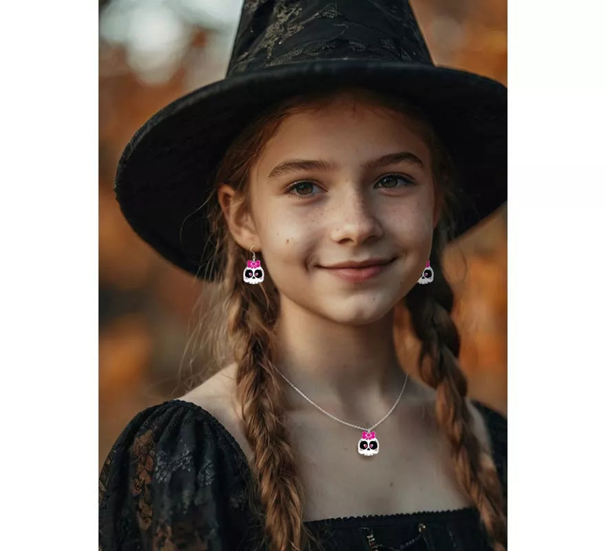 Pendientes y Collar de Calavera con Lazo