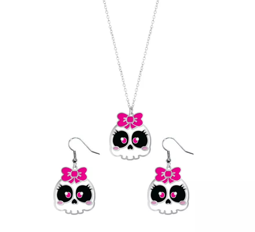 Pendientes y Collar de Calavera con Lazo
