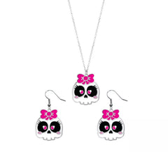 Skull Earrings and Necklace with Bow