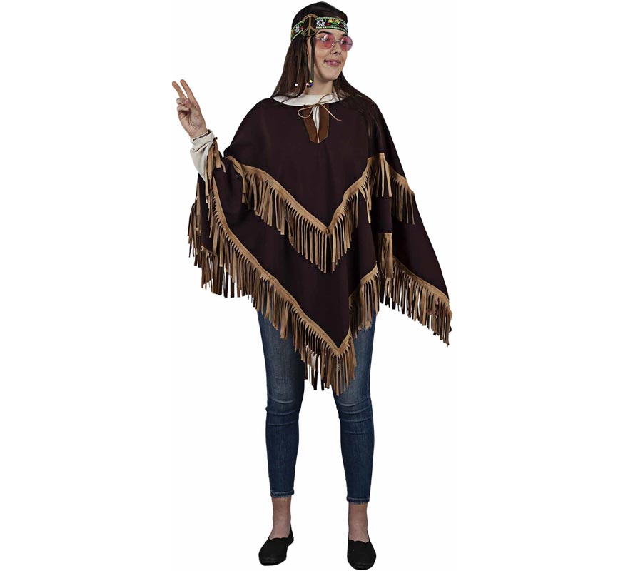 Poncho Indio marrón con flecos para adulto