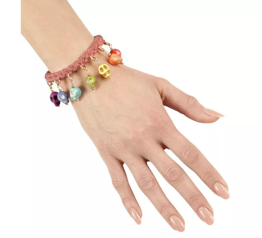 Pulsera de Cuerda con 7 Calaveras de Colores