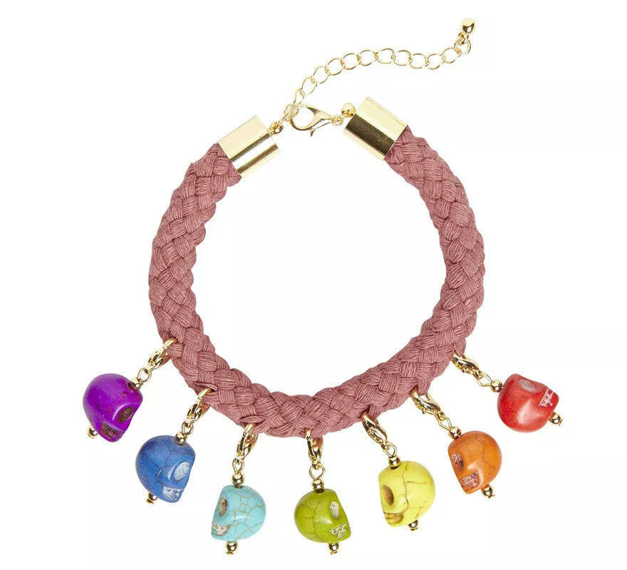 Pulsera de Cuerda con 7 Calaveras de Colores