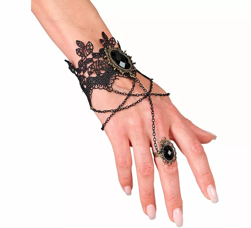 Pulsera de Encaje Gótica con Anillo y Gemas
