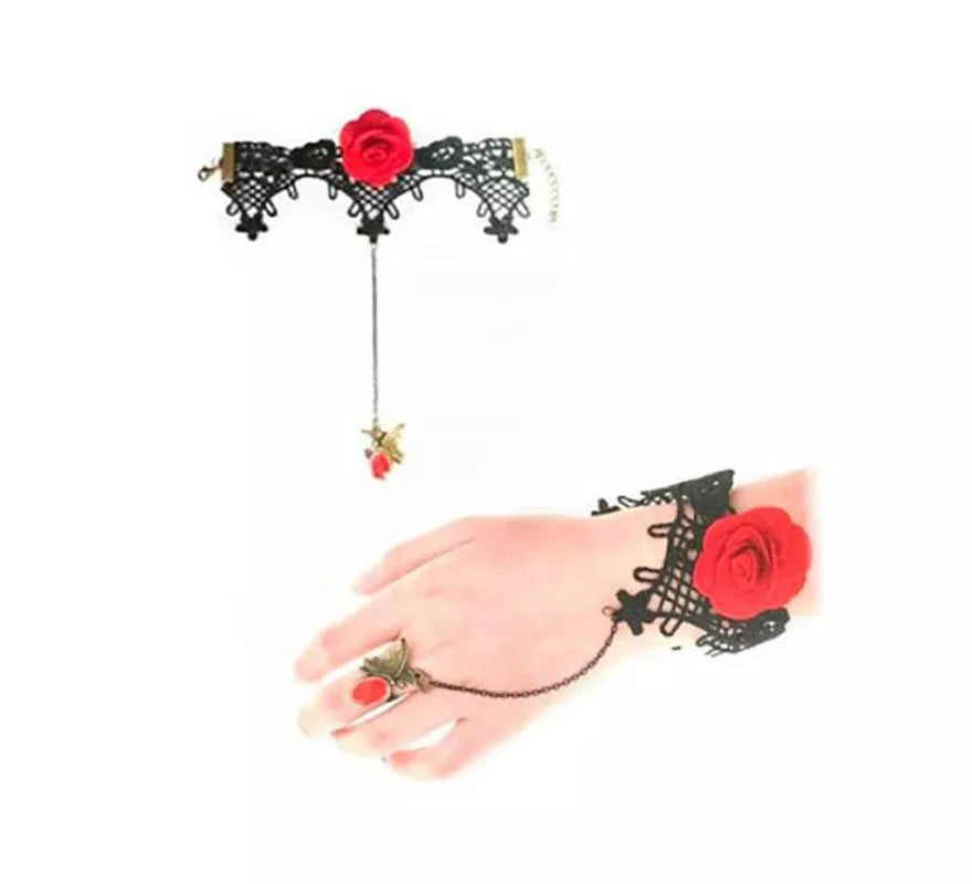 Pulsera de Encaje Gótico con Rosa