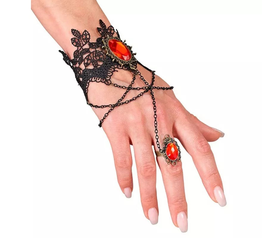 Translation missing: en.Pulsera Gótica de Encaje con Anillo y Gemas rojas