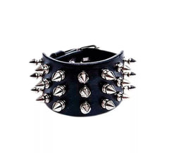 Black Punk bracelet with 3 rows of silver spikes