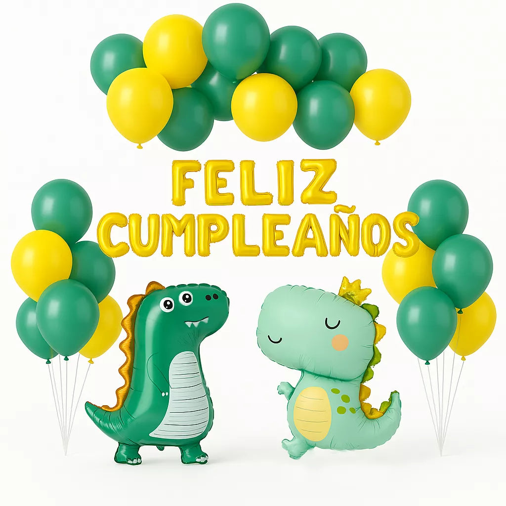 Translation missing: en.Set 26 pc Globos Dinosaurios con Guirnalda de Feliz Cumpleaños