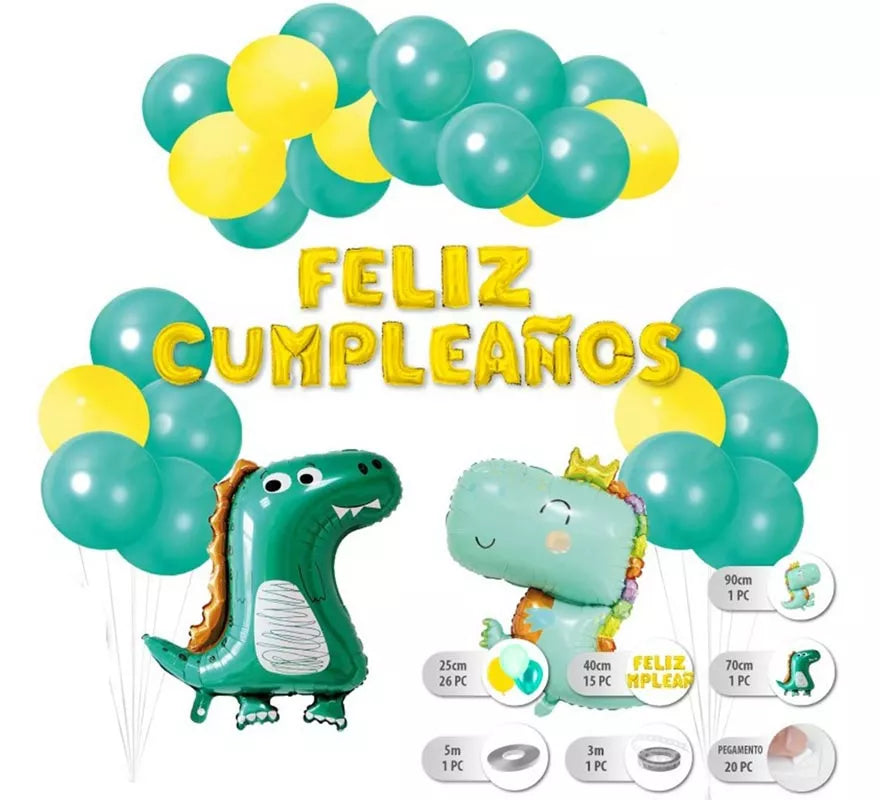 Translation missing: en.Set 26 pc Globos Dinosaurios con Guirnalda de Feliz Cumpleaños