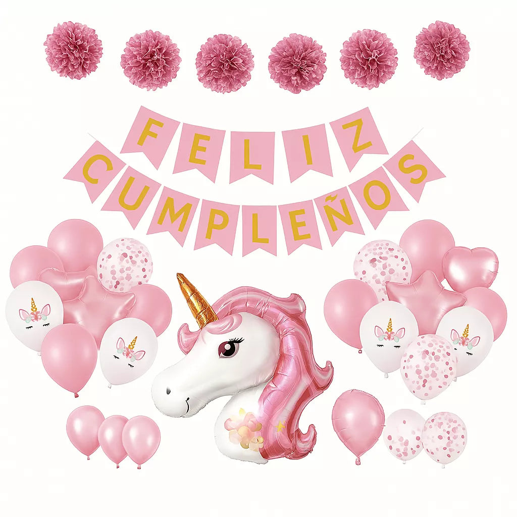 Translation missing: en.Set 26 pc Globos Unicornios con Guirnalda de Feliz Cumpleaños