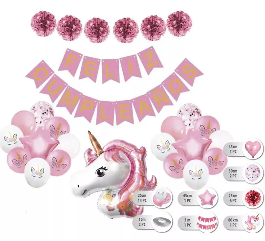 Set 26 pc Globos Unicornios con Guirnalda de Feliz Cumpleaños