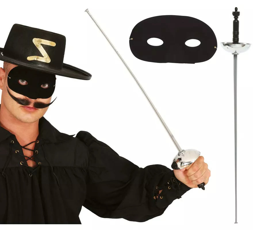 Set antifaz y florete de 65 cm. plateado de héroe enmascarado
