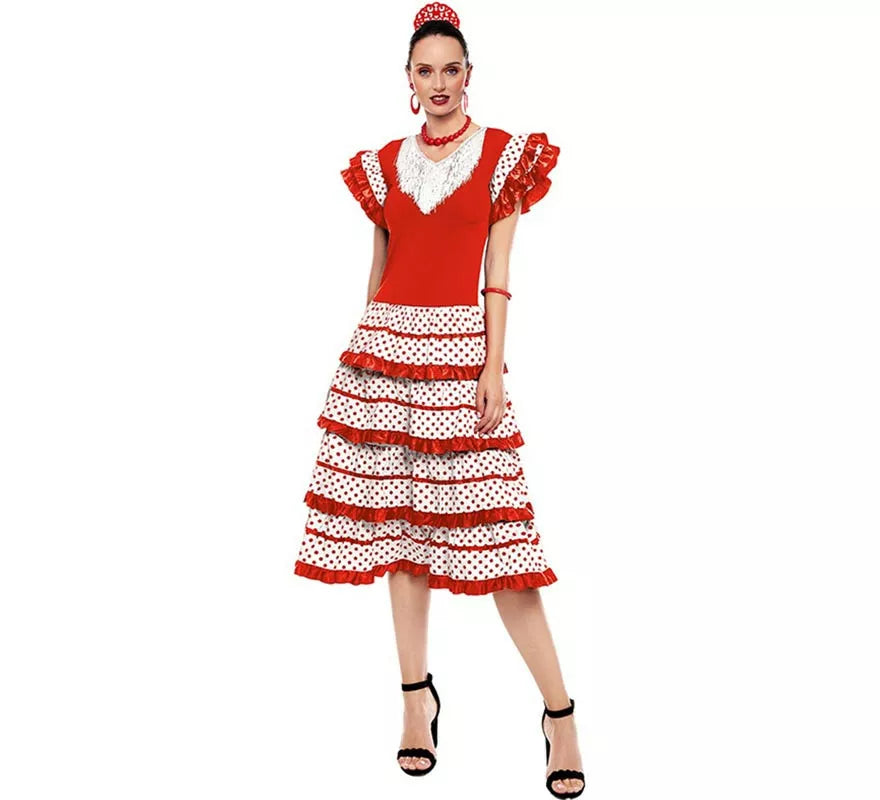 Sevillana blanco con borde rojo para mujer