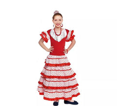 White Sevillana costume with red border for girl