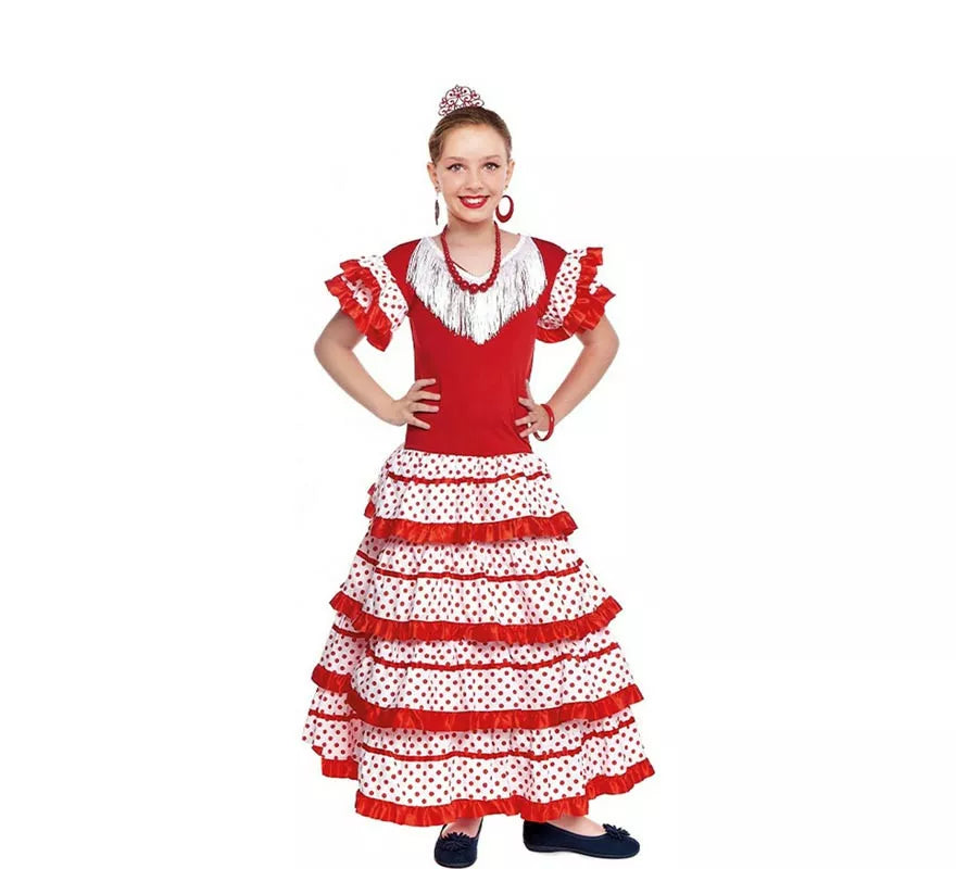Translation missing: en.Sevillana blanco con borde rojo para niña