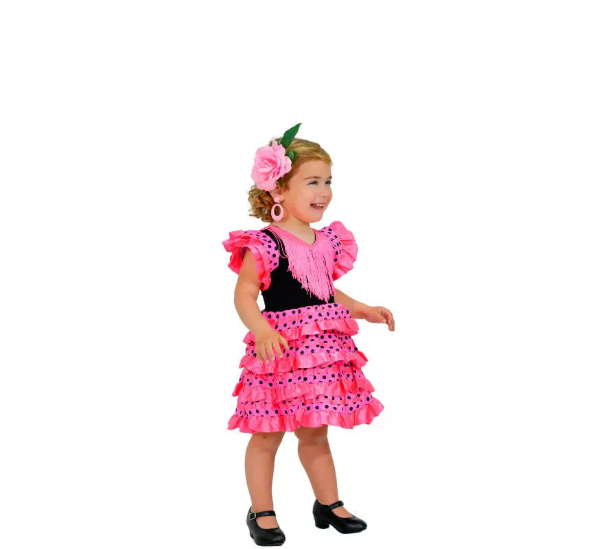 Sevillana Clásico fucsia con lunares negros para niña