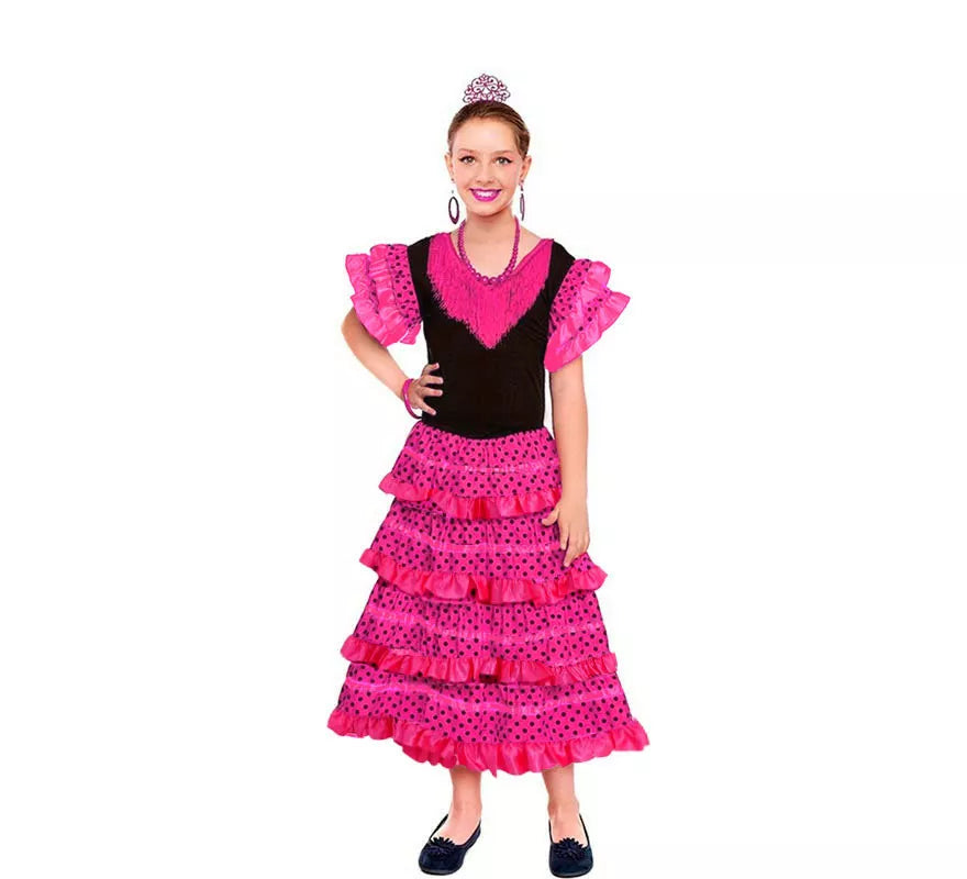 Sevillana Clásico fucsia con lunares negros para niña