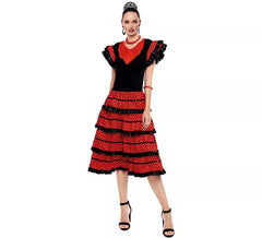Red Sevillana costume with black border for women