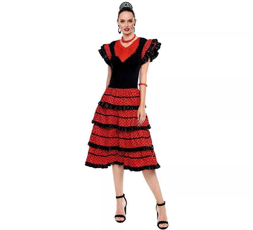 Translation missing: en.Sevillana rojo con borde negro para mujer