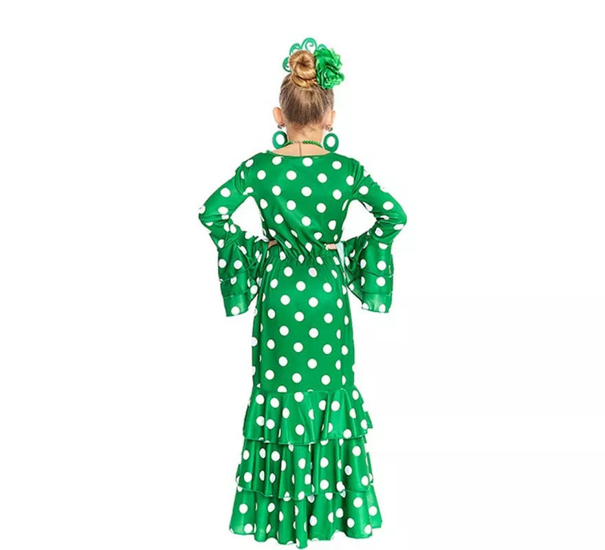 Sevillana verde con lunares blancos para niña